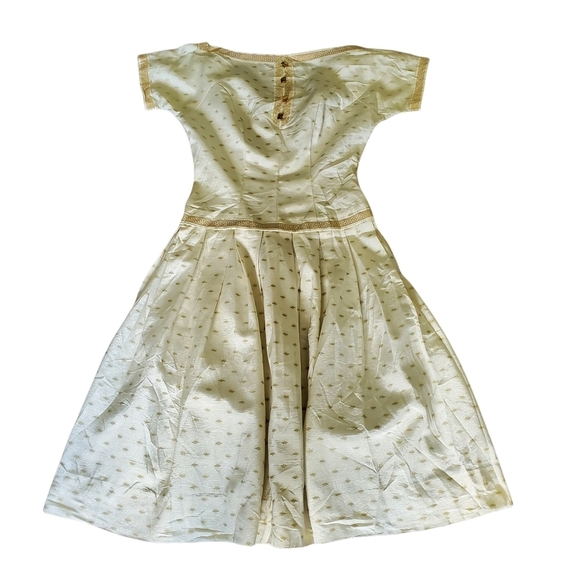 Vintage Handmade 50s Cream & Gold Greek Key Reverse Pleated Day Dress - Picture 6 of 10